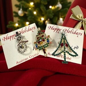 VTG Pin Brooch Christmas Rhinestone Winter Austrian Crystal Holiday Lot of 3